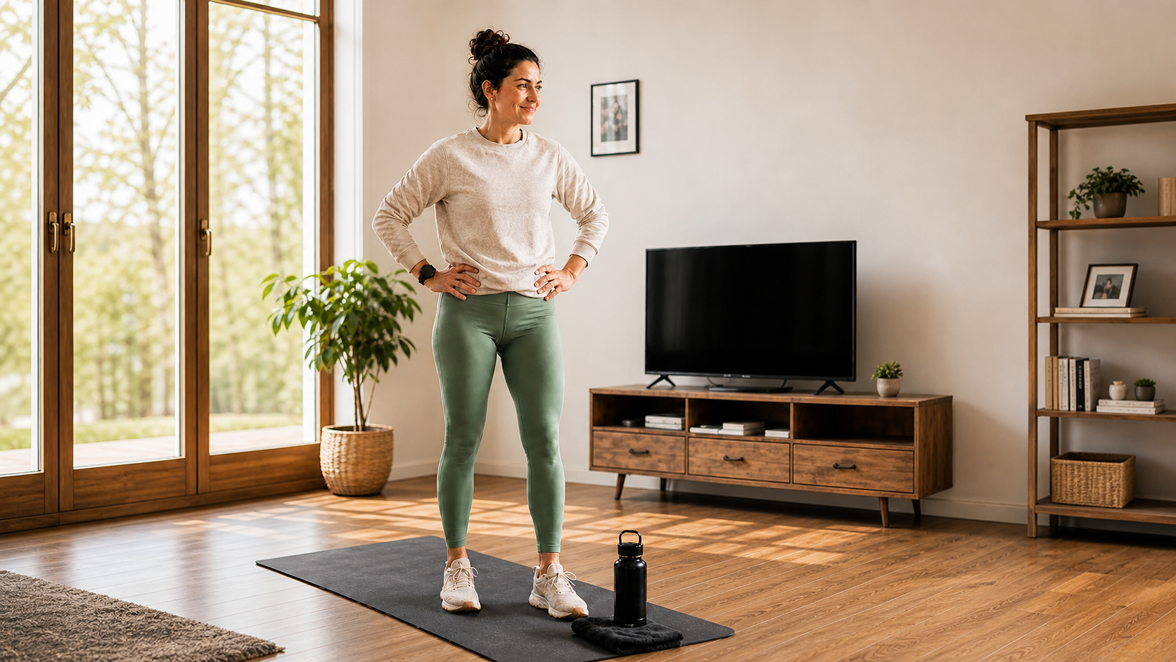 Mujer preparándose para entrenar en casa